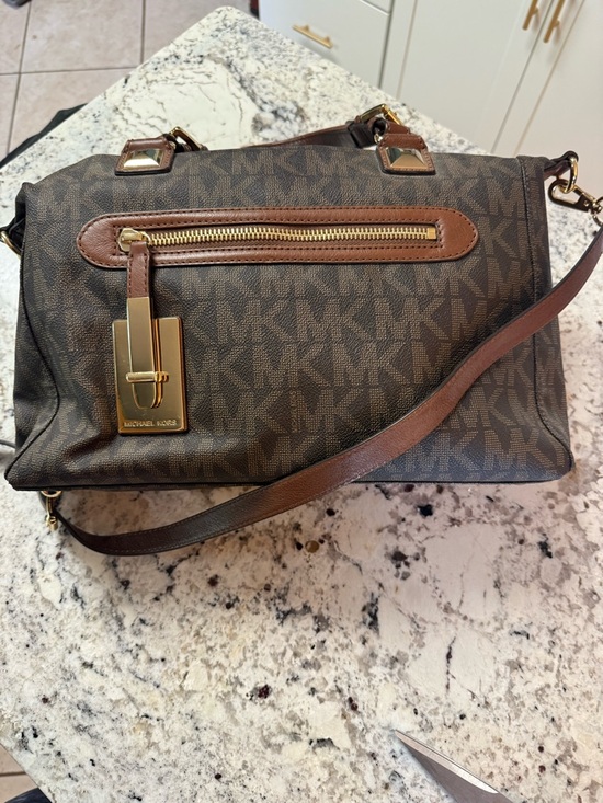 Michael Kors Handbags - Michael Kors Brown and Tan Logo Satchel with Gold Hardware